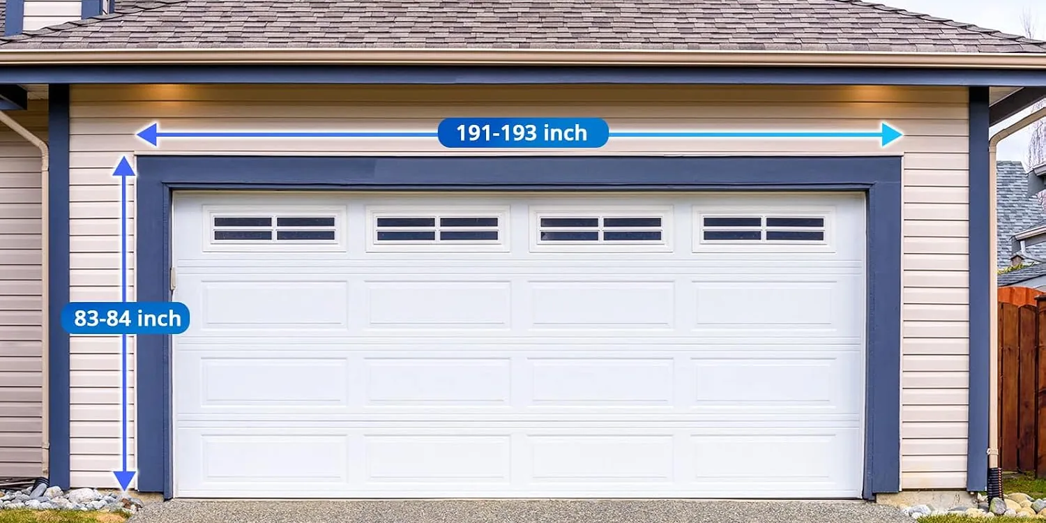 A two-car garage door with arrows marking where to measure: 191 to 193 inches wide and 83 to 84 inches tall