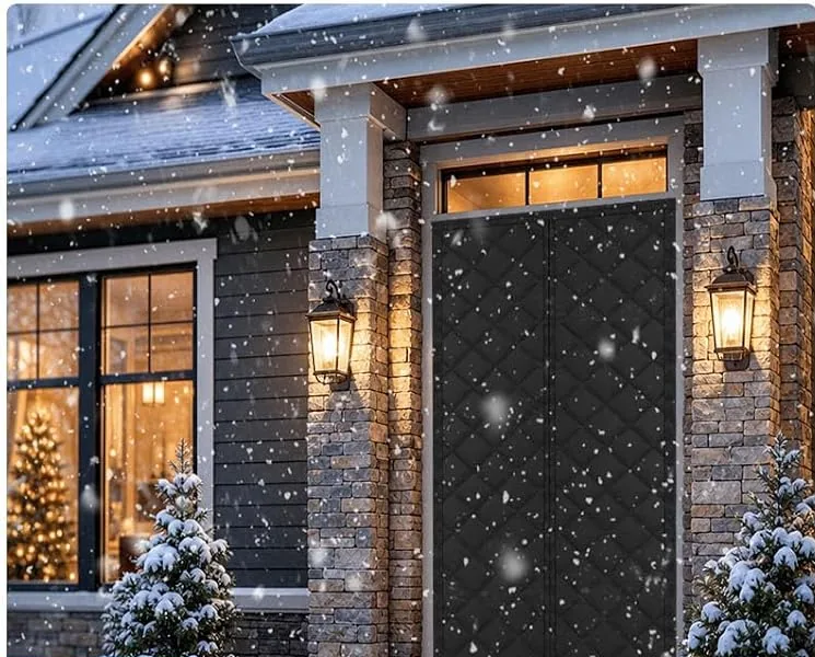 A black FEGO thermal door curtain on a front door on a snowy evening