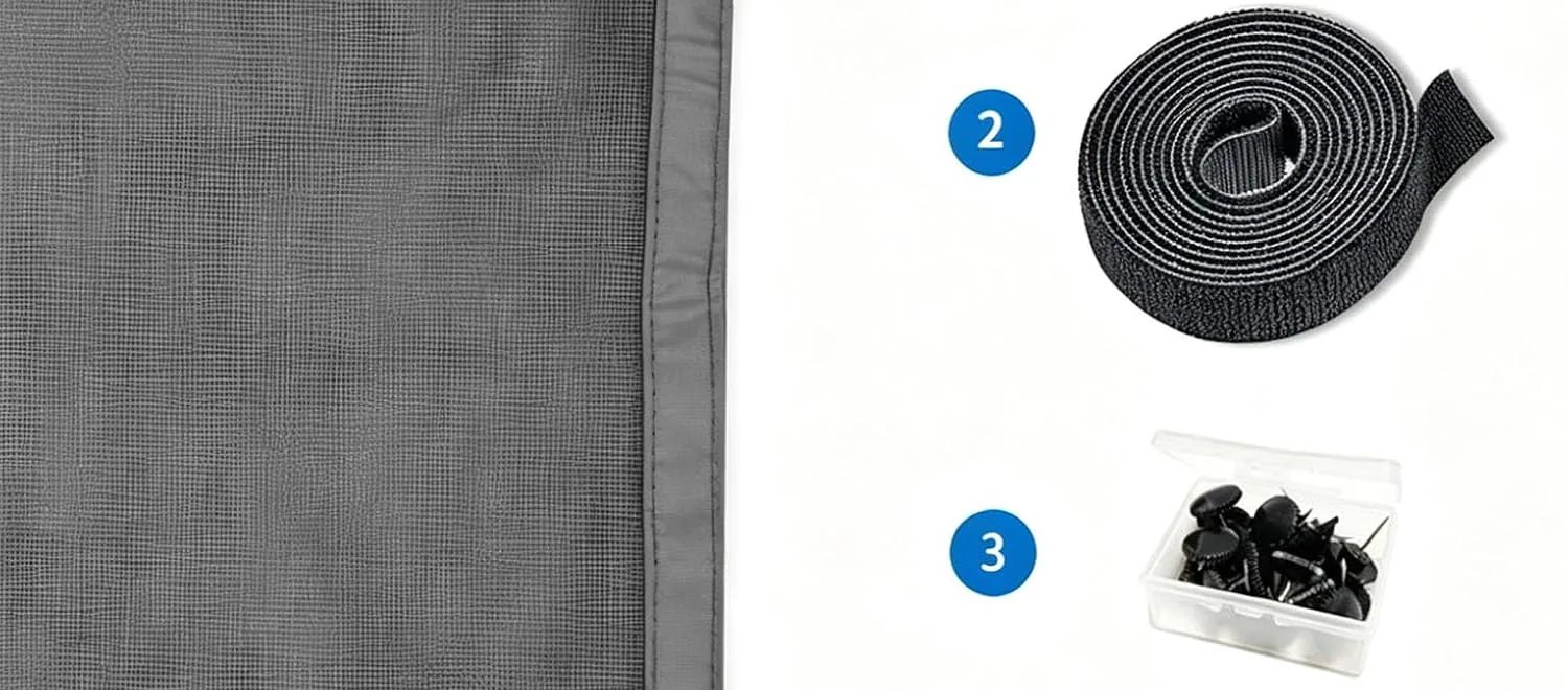 A folded FEGO garage door screen with its hook-and-loop strip and a box of push pins