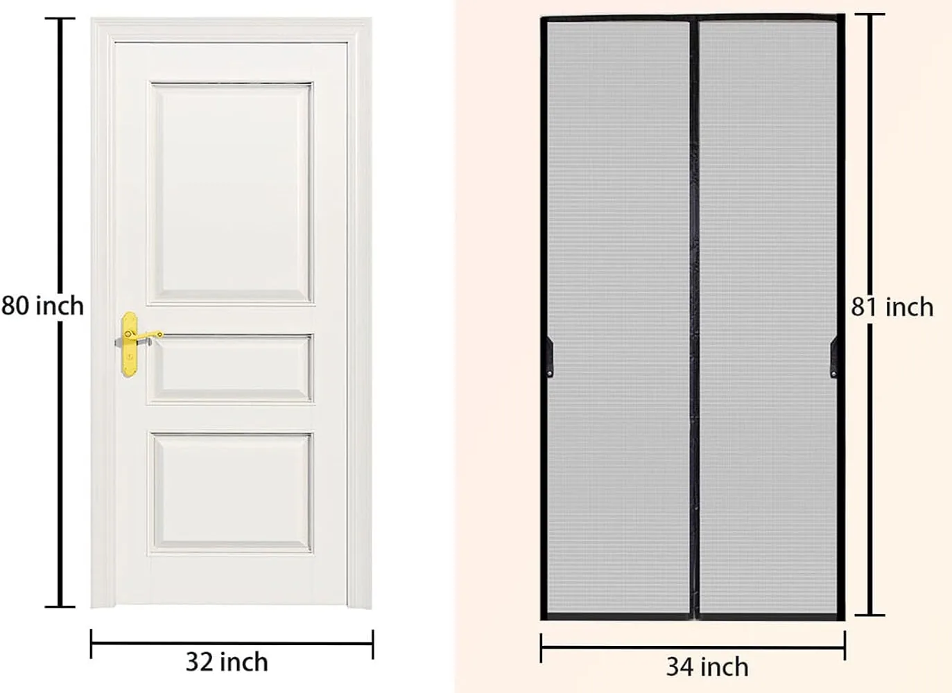 A door 32 inches wide and 80 inches tall next to the FEGO screen that fits it, 34 by 81 inches