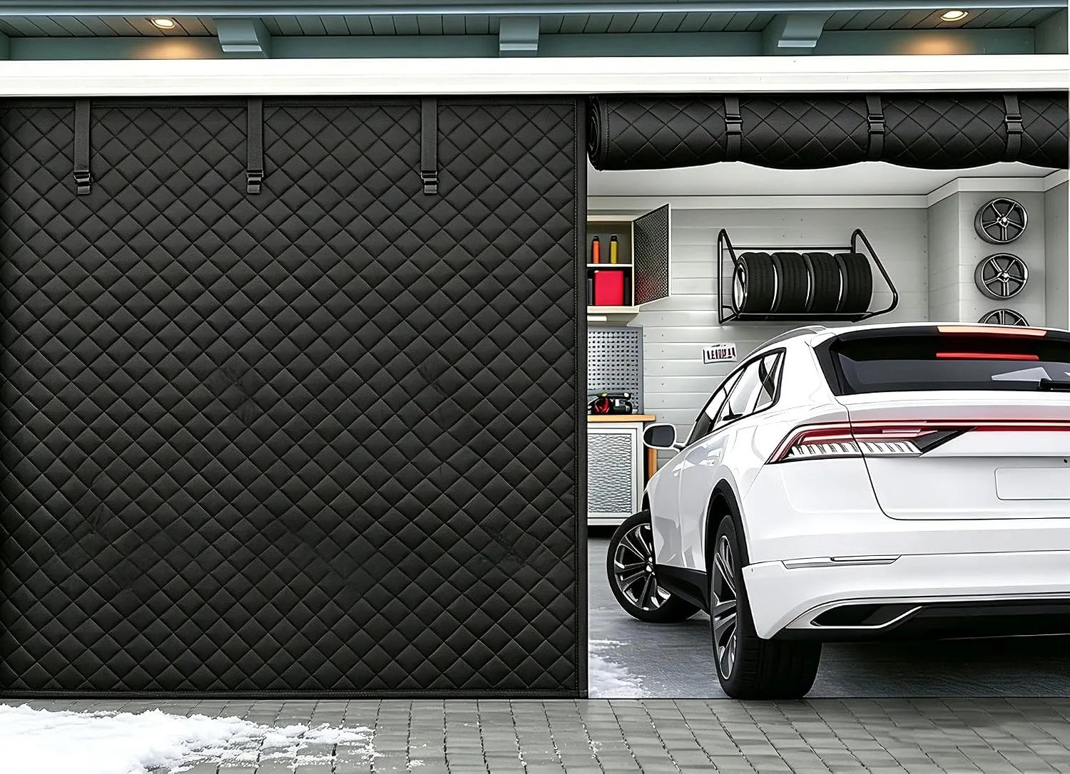 A FEGO winter garage door curtain tied back on one side with a car parked inside