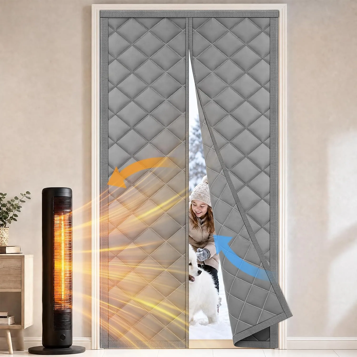 A FEGO thermal door curtain in a doorway with a heater inside and snow outside