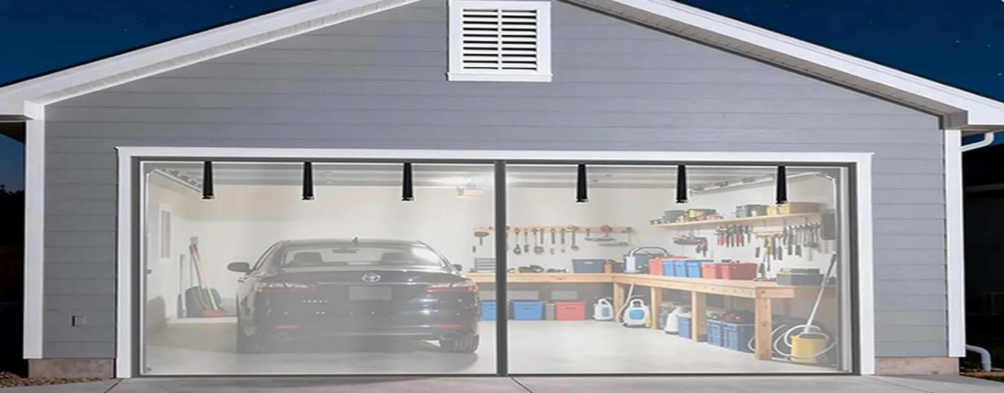 A FEGO privacy garage door screen at night with the lights on inside: the garage shows through