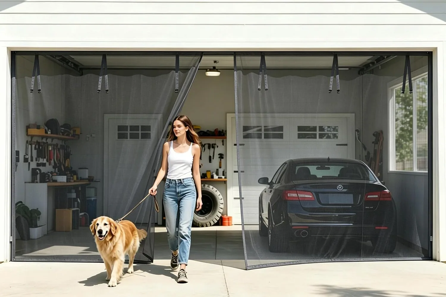 A woman and a dog walking out through the magnetic seam of a FEGO garage door screen