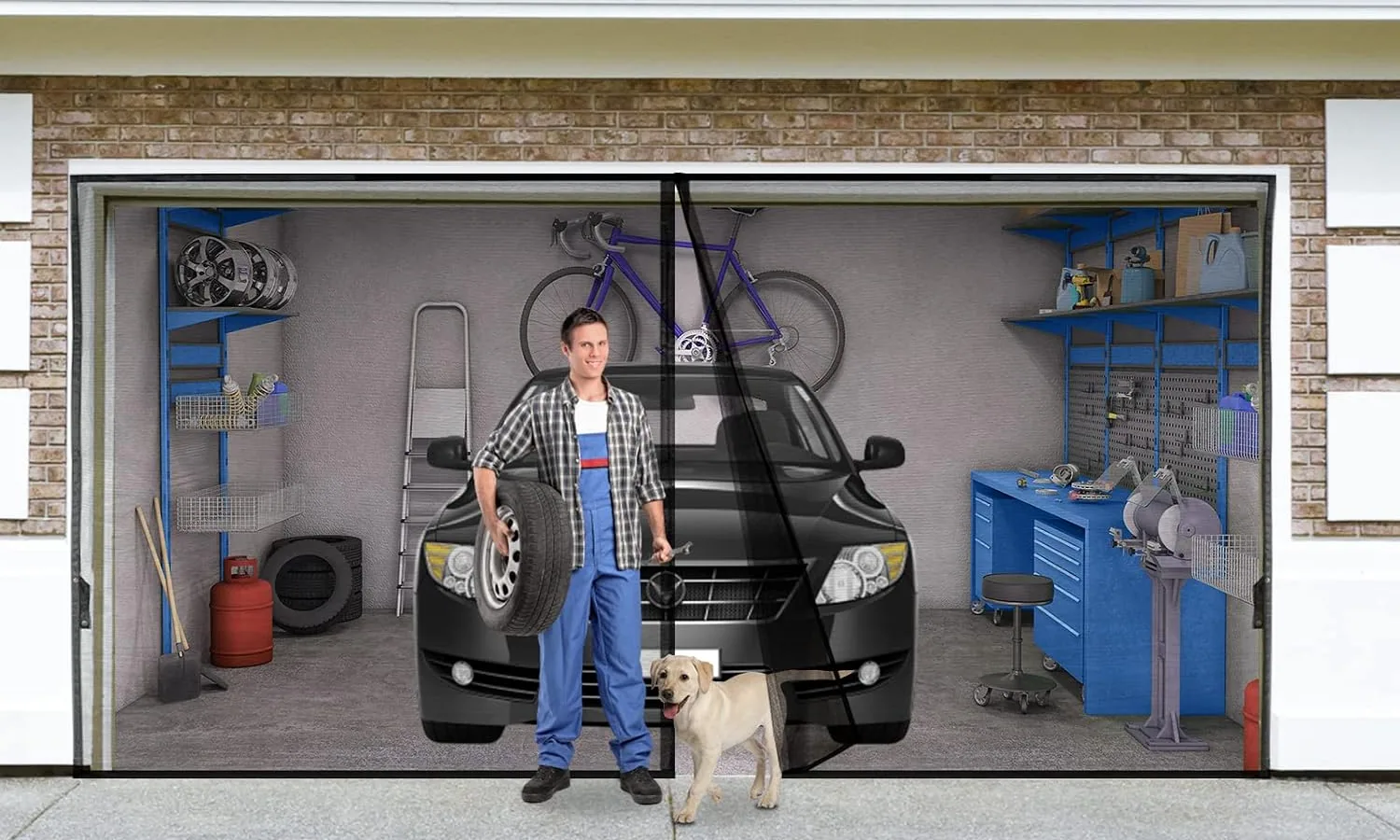 A man and a dog standing in front of a garage fitted with a FEGO garage door screen