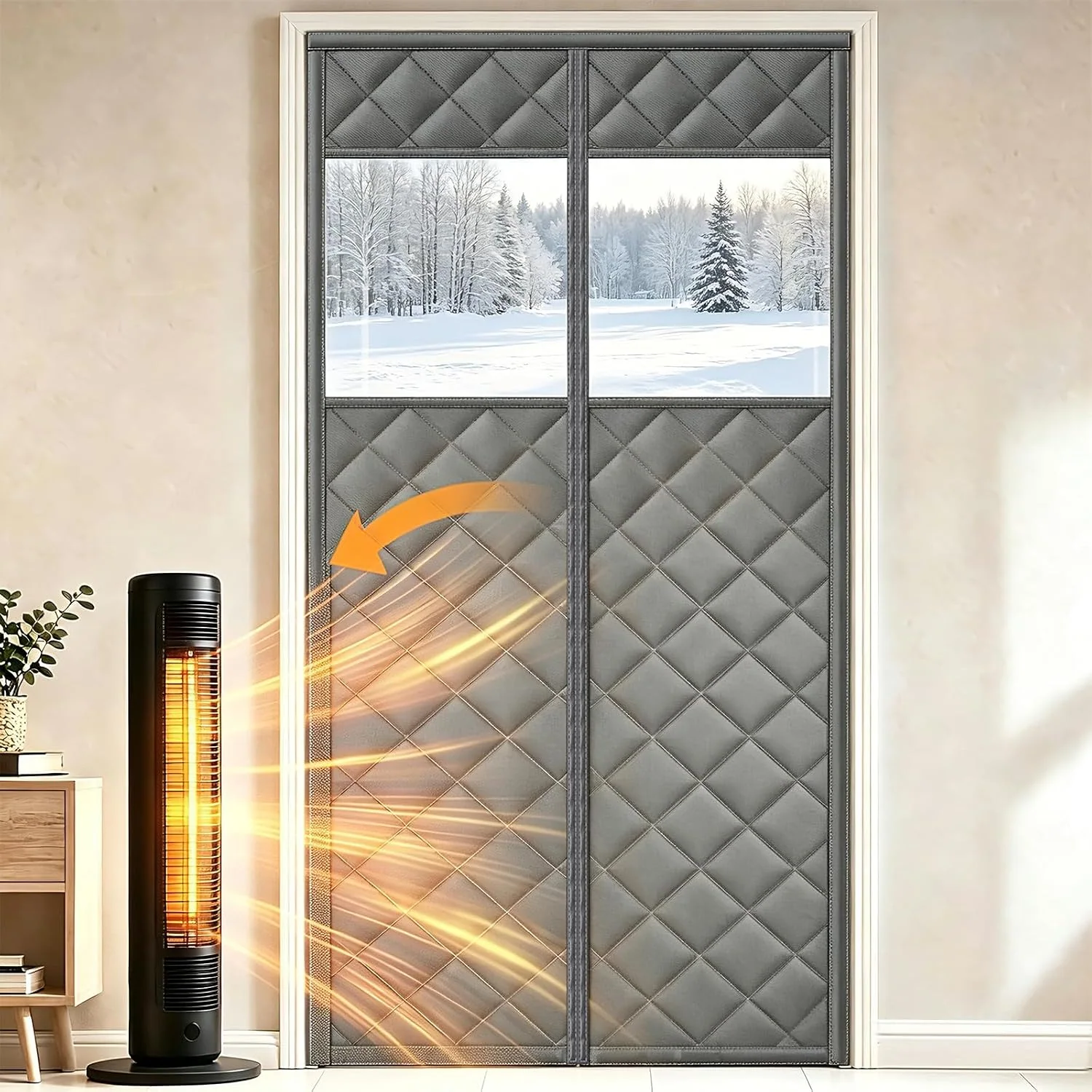FEGO Thermal Door Curtain with Window, grey, clear window, 30" x 80"