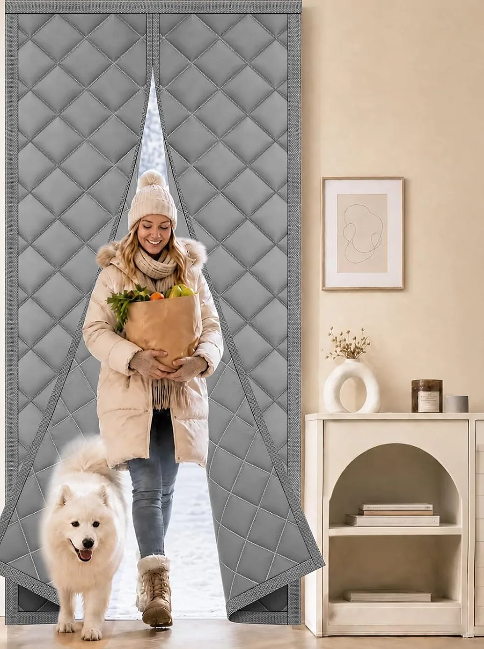 A woman with a bag of groceries and a dog coming in through a grey FEGO thermal door curtain
