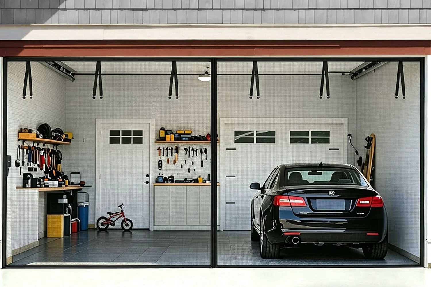 A FEGO magnetic screen across a two-car garage with a car parked inside